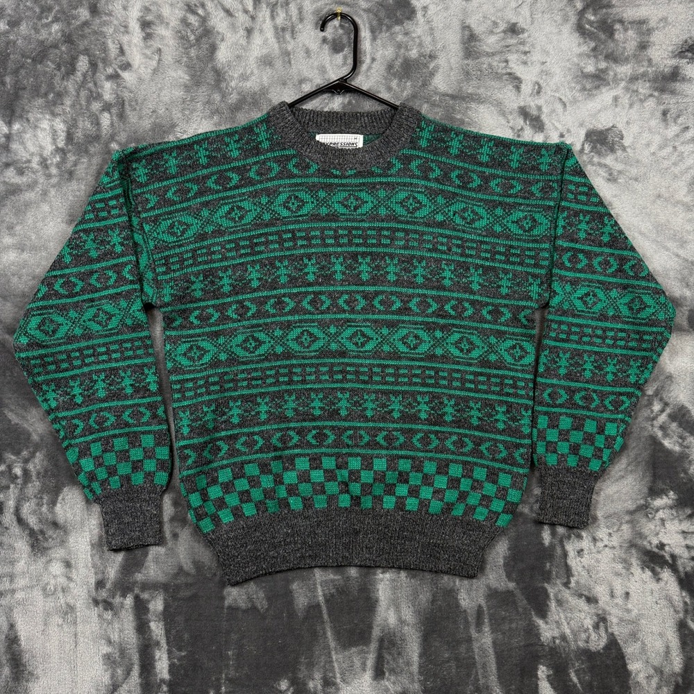 Expressions Sweater Mens Medium Green Fair Isle Geometric Knit Vintage Crewneck